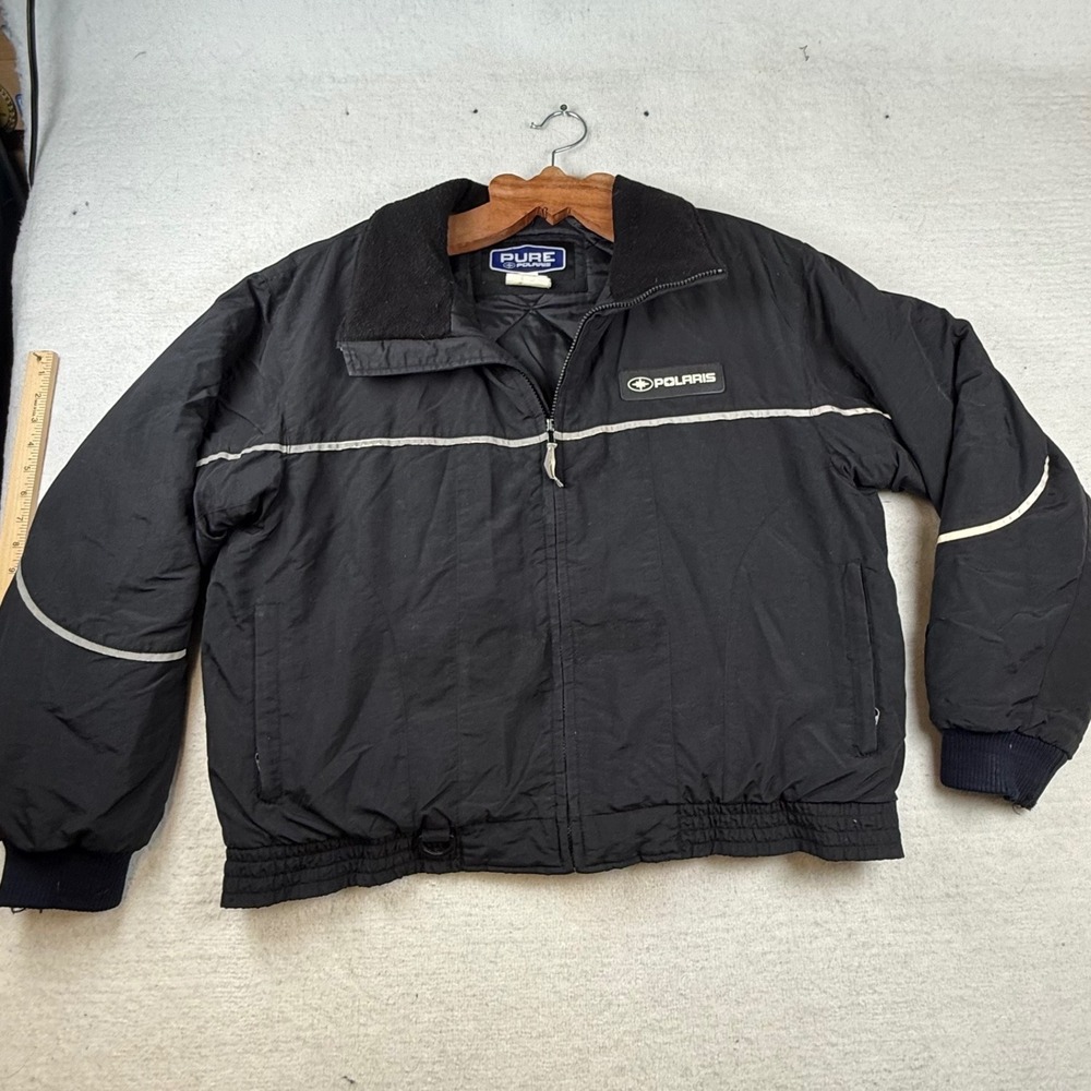 Pure Polaris Vtg Mens Large Black Nylon Quilted Snowmobile Bomber‎ Jacket -flaws
